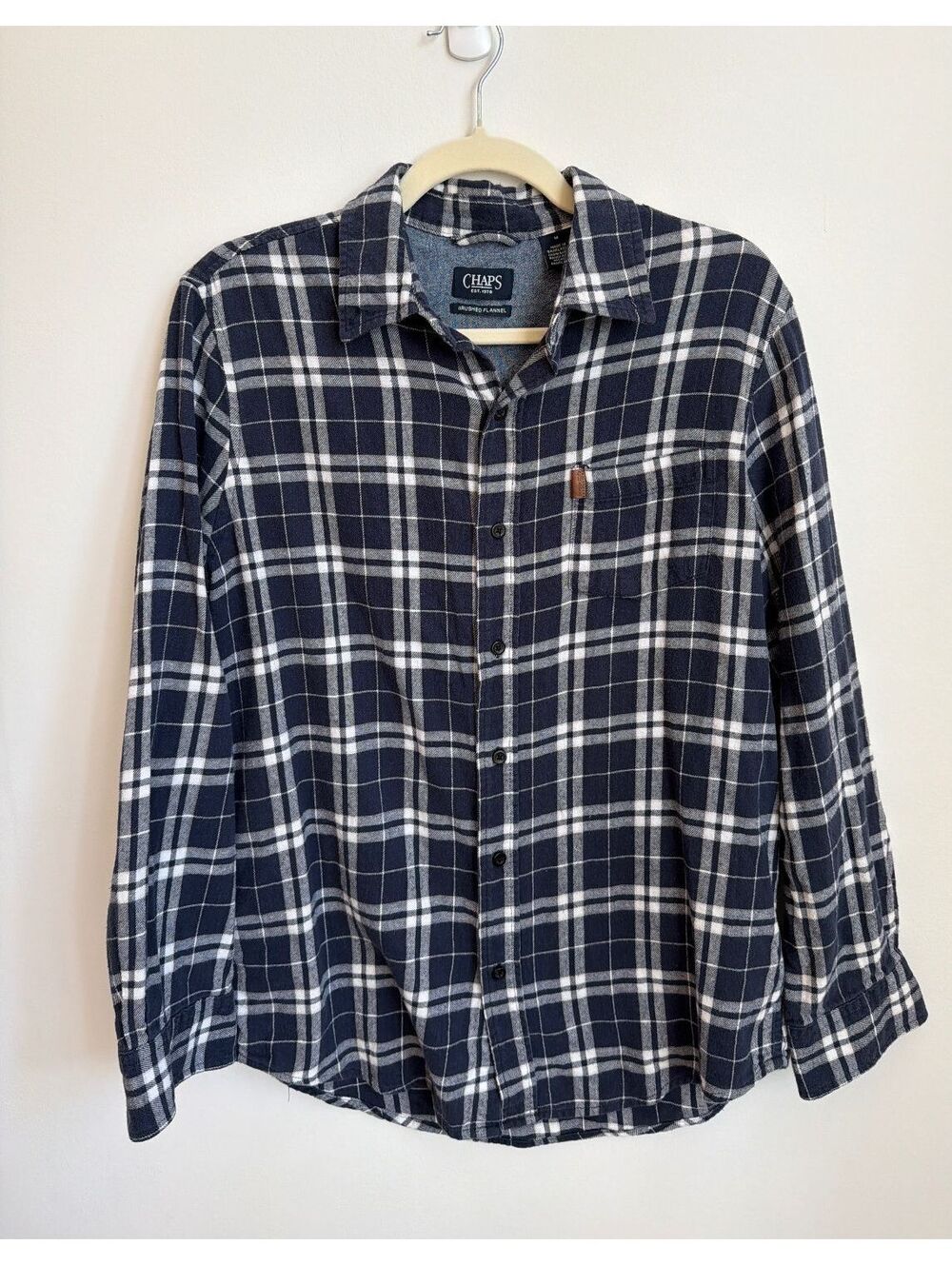 Chaps Plaid Brushed Cotton Flannel Shirt Medium Navy Blue White Button Up